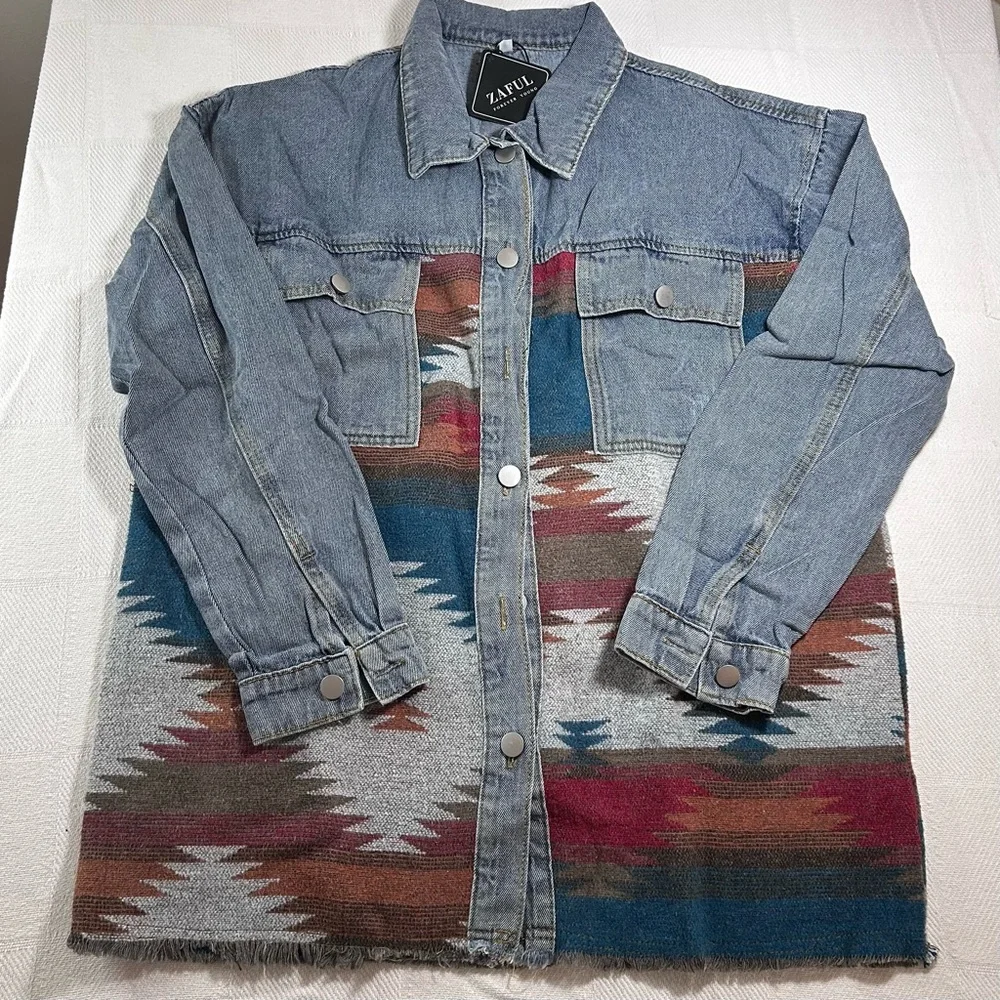 Zaful Womens Aztec Southwestern Denim Jacket Shacket Blue Red Size S New